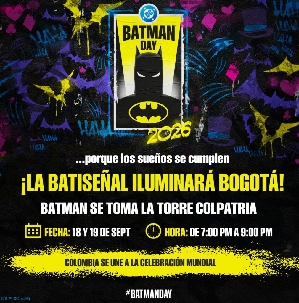 Iluminación de la Batiseñal en la Torre Colpatria durante el Batman Day en Bogotá