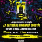 Iluminación de la Batiseñal en la Torre Colpatria durante el Batman Day en Bogotá